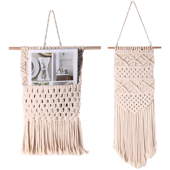 2 Pack Macrame Wall Hanging Set, Handwoven Boho Tapestry with Wooden Dowel, Large Beige Cotton Wall Art for Living Room, Bedroom Decor