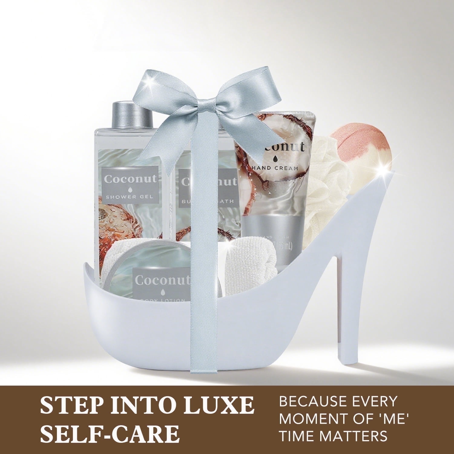 Spa Luxetique Elegant Gift Baskets for Women, 8Pcs Coconut Luxury Birthday Gift Sets for Mom, Bath and Body Self Care Kits for Wife