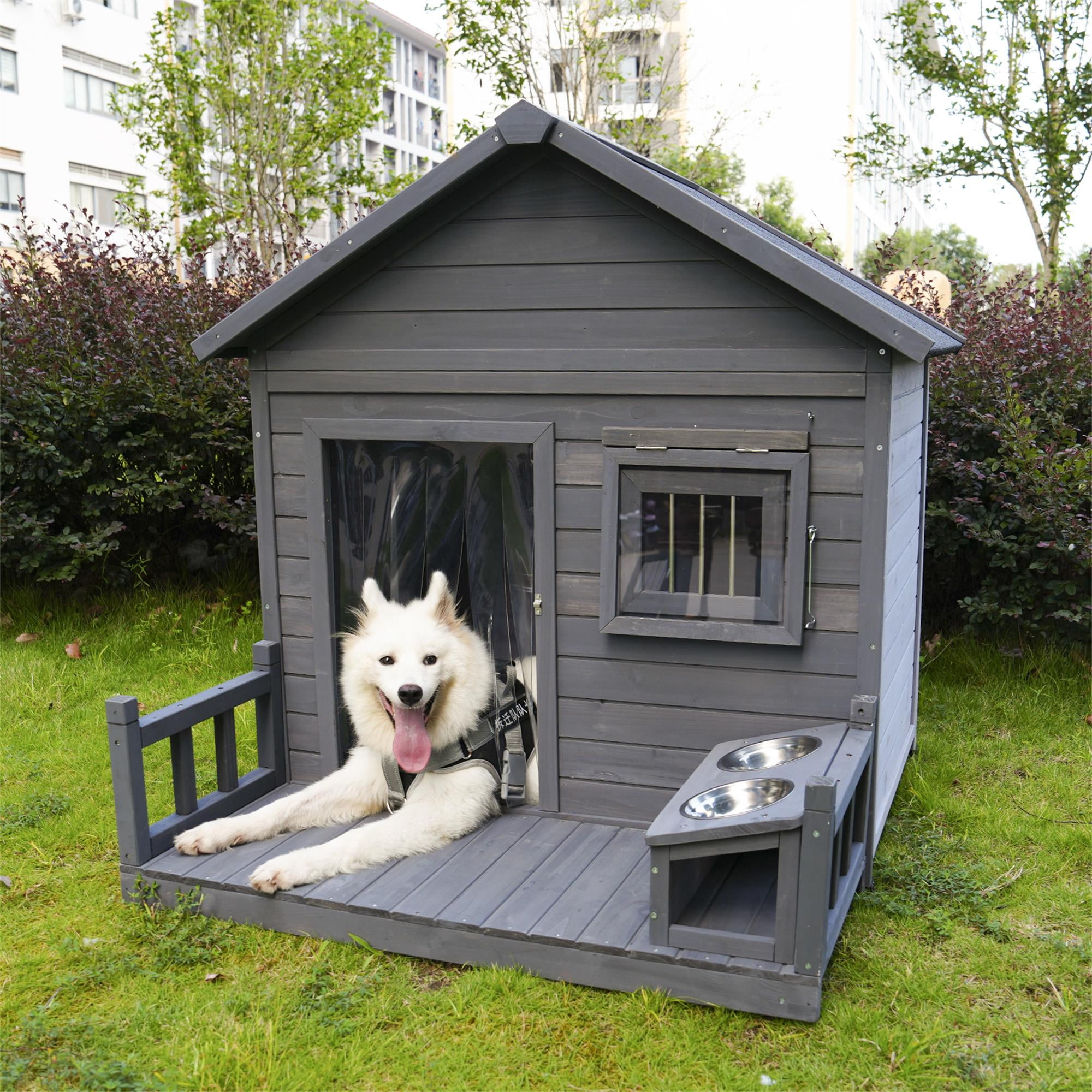 Pefilos 44" Wooden Dog House Outdoor Large Dog Kennel Weatherproof with Two Metal Bowls, Terrace for Small to Medium Dogs, Gray Pefilos 44" Wooden Dog House Outdoor Large Dog Kennel Weatherproof with Two Metal Bowls, Terrace for Small to Medium Dogs, Gray