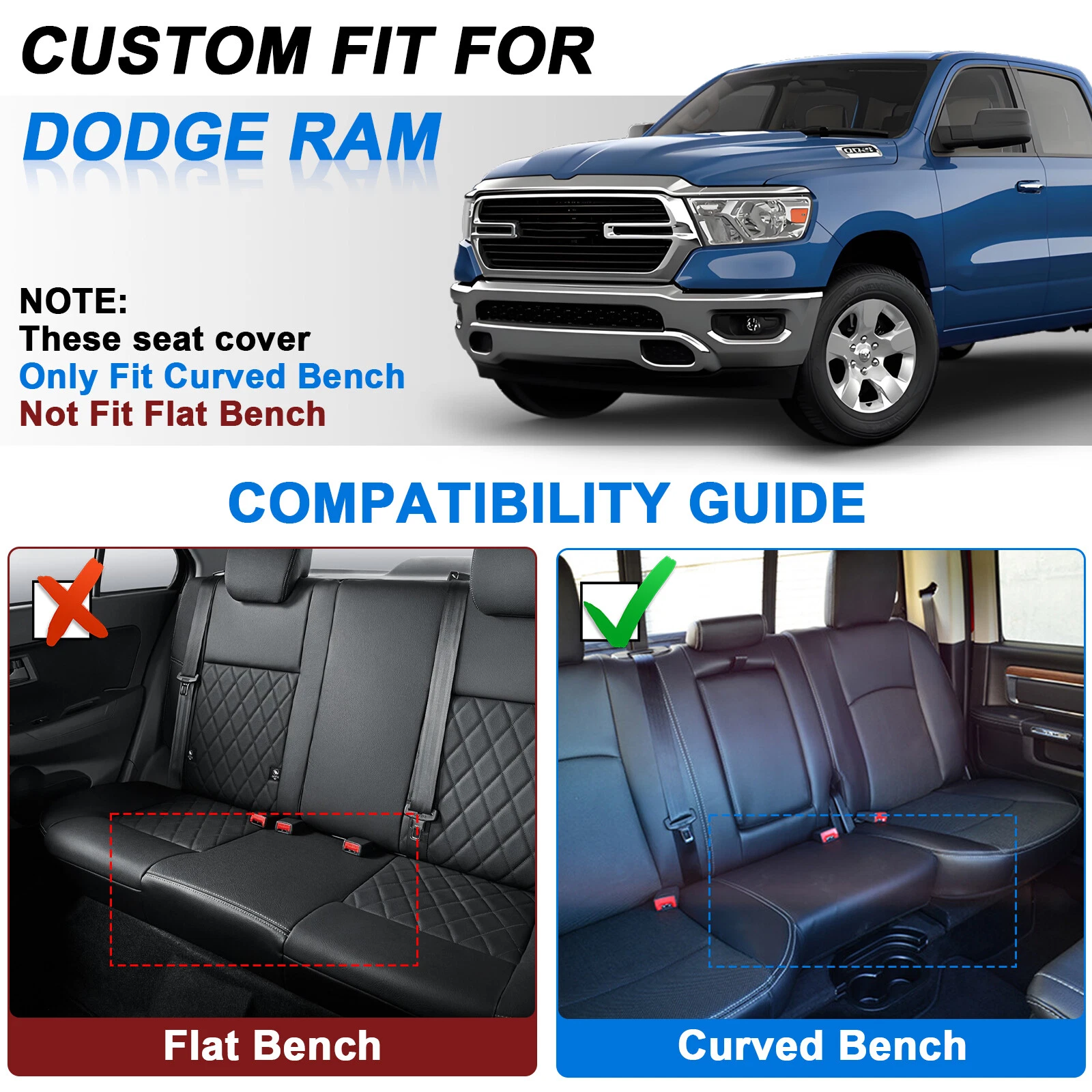 Car Seat Covers Custom Fit for Dodge Ram 1500 2500 3500 2009-2023, Waterproof Faux Leather Truck Front Rear Seat Protector Black
