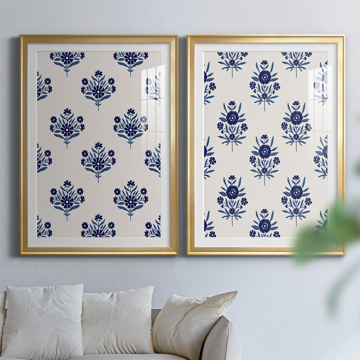 Wexford Home Indigo Bloom Pattern I Premium Framed Print, 18.5" x 24.5" - Ready to Hang, Gold (Set of 2)