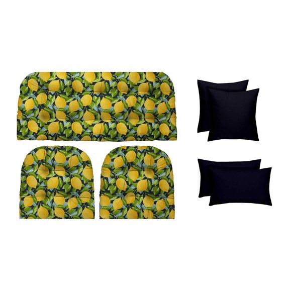 RSH Décor Indoor Outdoor 7 Piece Tufted Wicker Cushion Set + Pillows, Standard, Citrus Sapphire + Navy Blue