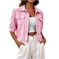 thumbnail image 2 of FDGIU Women's Lapel Button Down Cropped Denim Jacket, Three Quarter Sleeve Solid Jean Coat with Chest Flap Pockets for Spring Summer Casual Daily Layering, 2 of 7