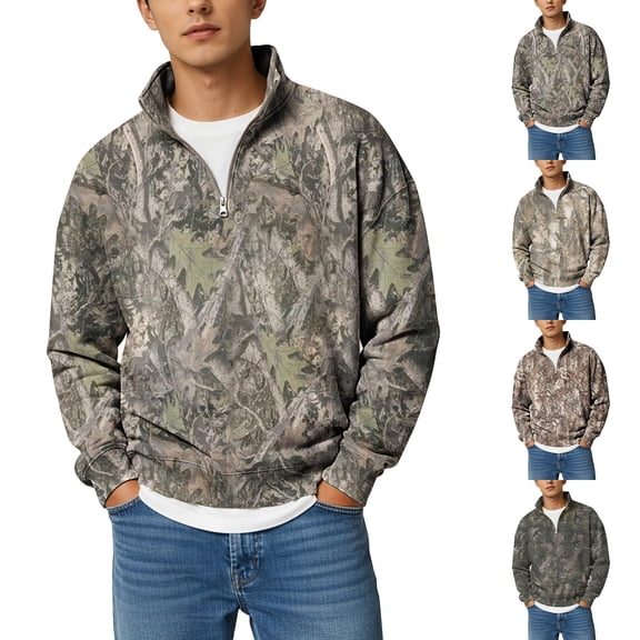 Mens Camo Quarter Zip Pullover Plus Size Mock Neck Maple Leaf Graphic Pullover Fleece Long Sleeve Sweatshirt Polo Athletic Comfort Military Camouflage Shirts Gray 4XL