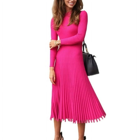 GENEMA Women Long Sleeve Mock Neck Slim Fit Pleated Ribbed Knit Midi Long Sweater Dress