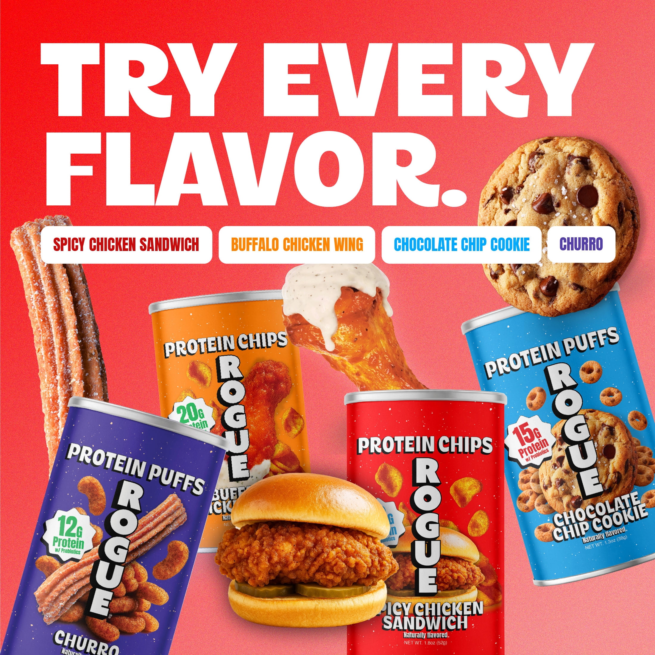 Rogue Snacks, Spicy Chicken Sandwich Chips, 20g Of Protein, Probiotics,  1.8 oz Can