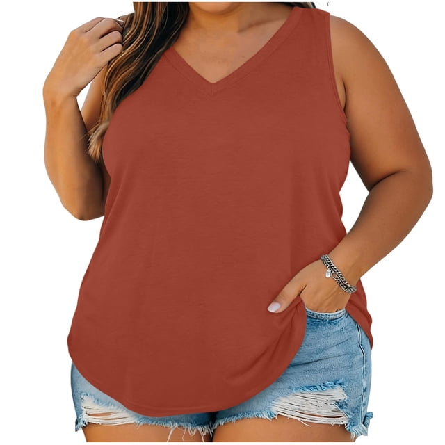 StSilkitty Plus Size Tank Tops for Womens Solid Color Loose V Neck Blouses Summer Beach Lightweight Soft Shirts