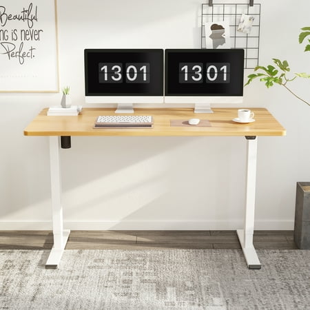 UPC: 0810072797605 | FlexiSpot Home Office Electric Height Adjustable Standing Desk 55 x28  Computer Desk White Frame and Maple Top