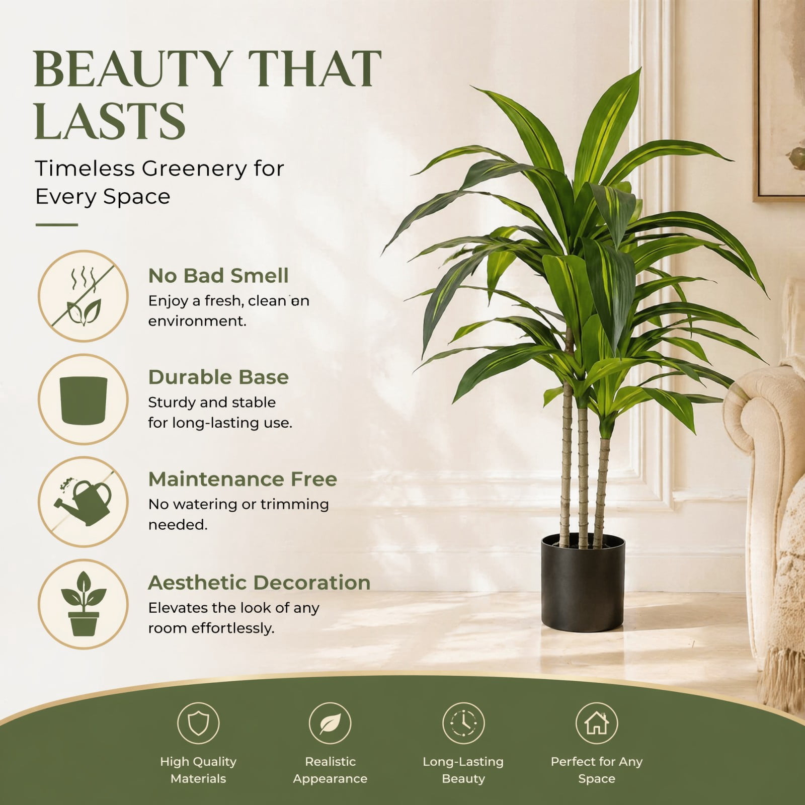 BEAUTYPEAK 3.6FT Artificial Dracaena Tree Fake Plants for Indoor Outdoor Decor, Black Pot