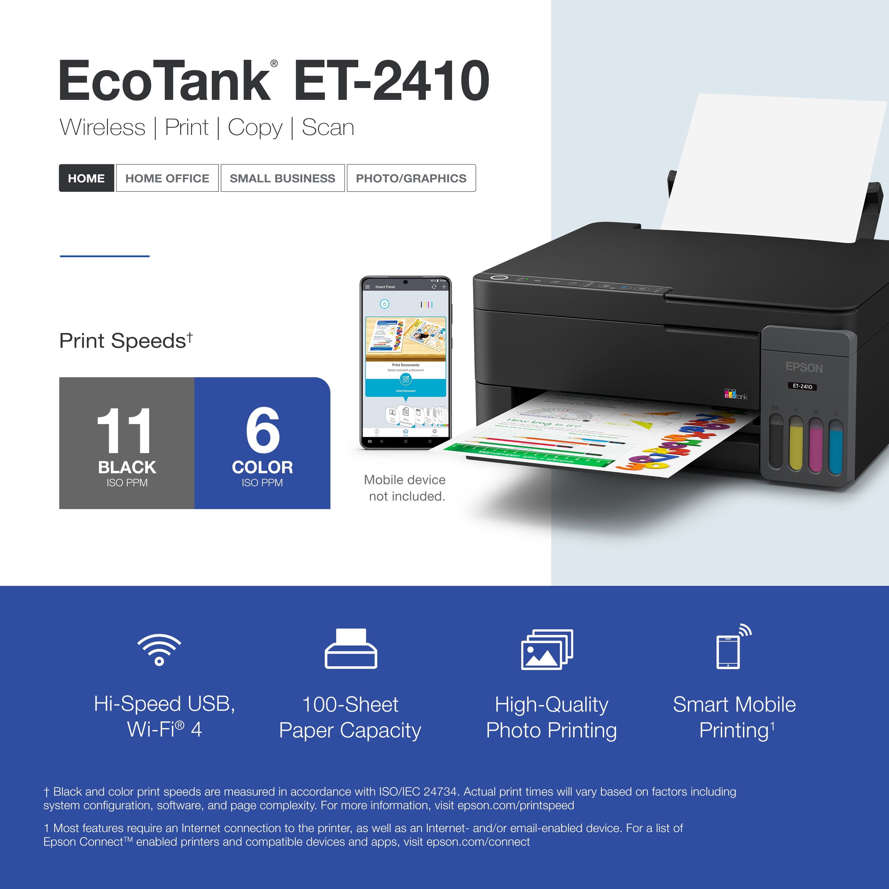 Epson EcoTank ET-2410 Wireless All-in-One Color Supertank Printer with up to 3 Years of Ink, Refillable Tanks, Perfect for Home, 11 PPM, Built-in Scanner – Black