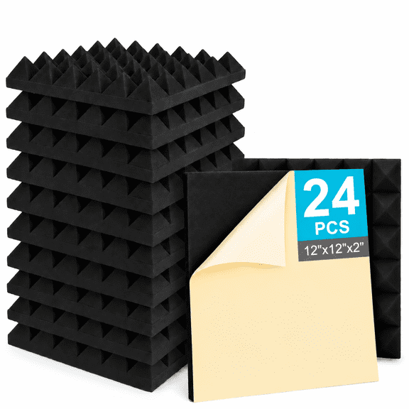 INSMART 24 pack Pyramid Acoustic Foam Panels, 12"x12"x2" Self-Adhesive High Density Noise Reduction Wall Tiles for Recording, Gaming & Bedroom Studio