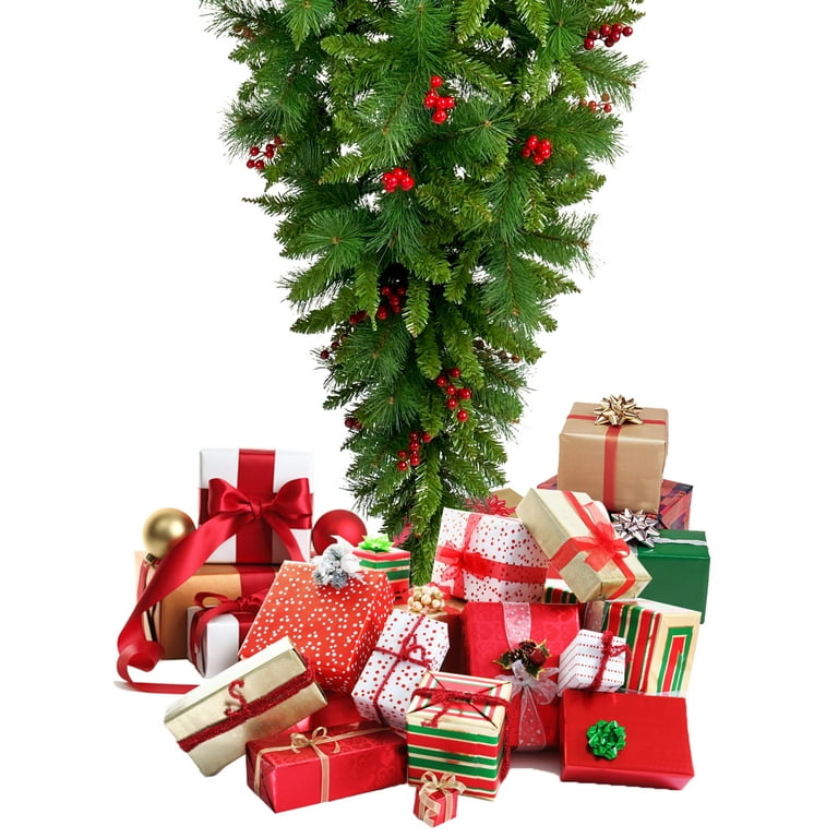 7.5FT Green Christmas Tree, Upside Down Christmas Trees with 1500 Tips  Realistic PVC Branches, Home Indoor Decor Artificial Pine Tree w/DIY  Berries, Metal Base 