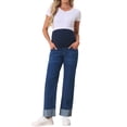 thumbnail image 2 of INSPIRE CHIC Women's Maternity Jeans Denim Straight Leg Cuffed High Stretchy Over the Belly Pregnant Pants Work Casual S Deep Blue, 2 of 6