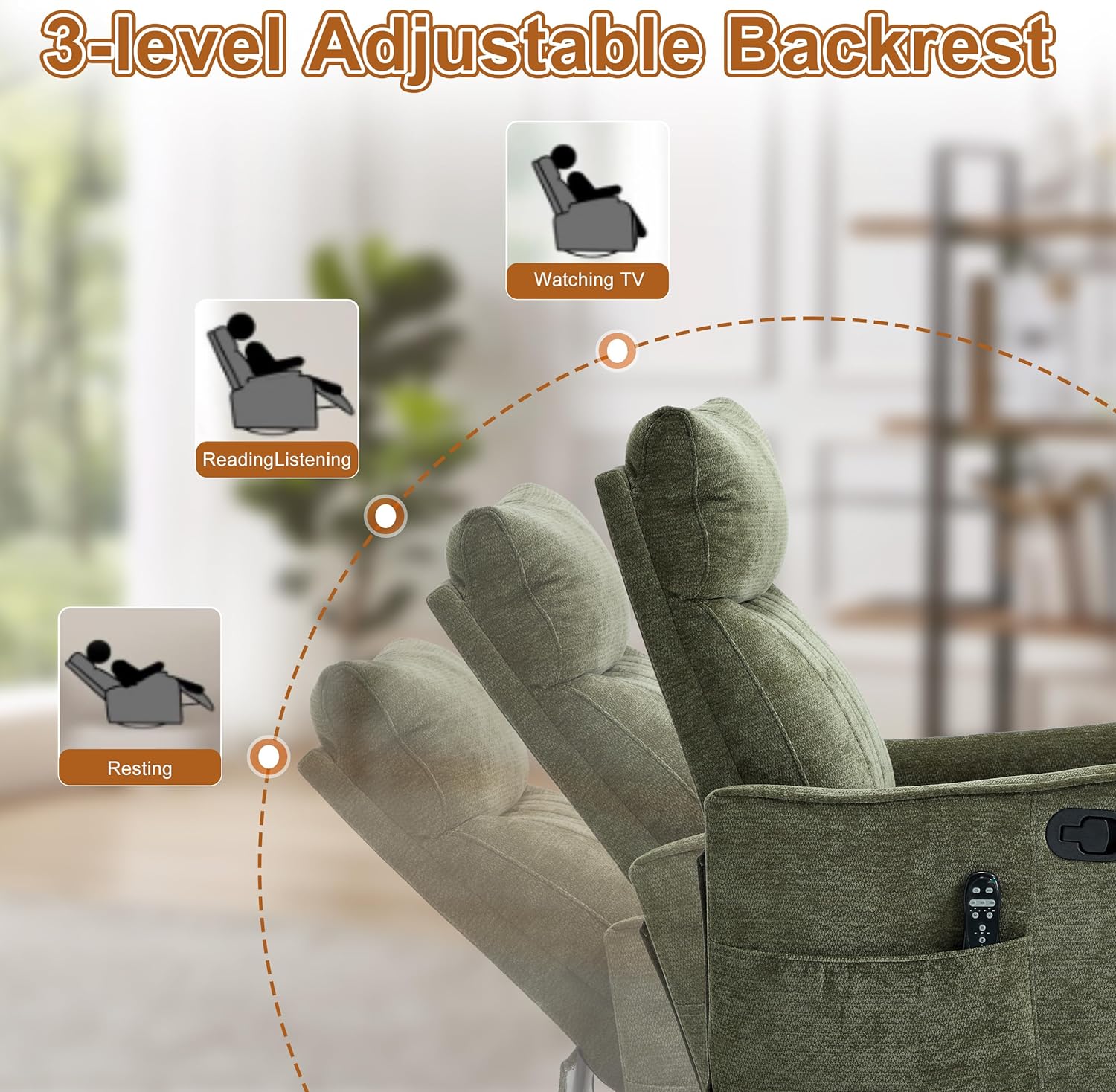AENKYO Swivel Recliner Chair, Manual Rocking Massage Chair, Heated for Adults, for Living Room,Green Chenille