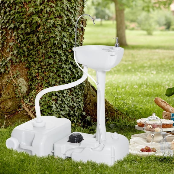 Demifill Portable Camping Sink - White, 4.5 Gallon Tank & 6.3 Gallon Recovery Tank, HDPE Handwashing Station with Rolling Wheels & Soap Dispenser for RV, Outdoor Events & Gatherings