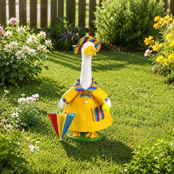 Lawn Goose Raincoat Outfit with Bucket Hat, Colorful Stripe Waterproof Goose Clothes for Garden Statue, Rainy Day Costume for Outdoor Yard Porch Figurine Display