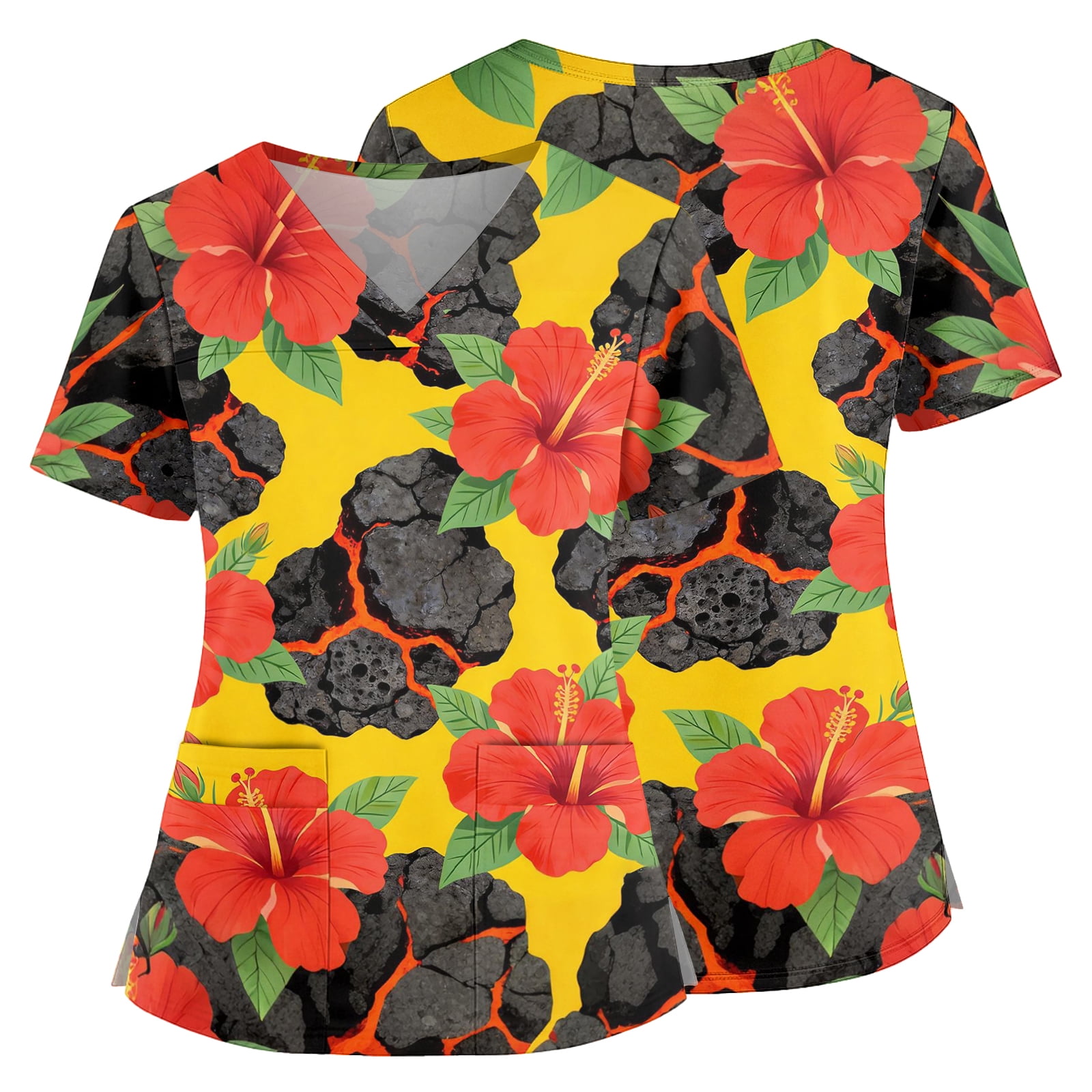 Scrub Tops Women Funny Hawaiian Tropic Nurse Working Uniforms Trendy V-Neck Side Slits Scrub Shirt Party Short Sleeve Medical Workwear with Pockets Black L