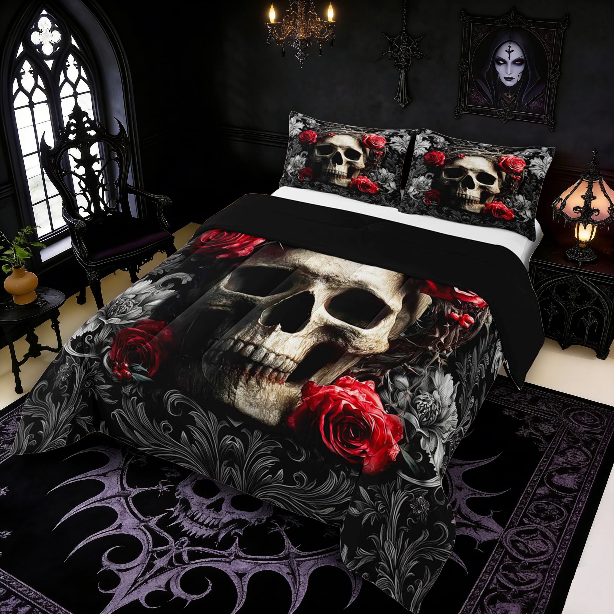 Erosebridal Teens Red Rose Sugar Skull Full Size Comforter Sets 3 Pieces,Gothic Style Flowers Bedding Sets for Boys Girls,Black Reversible,Luxury Bedroom Decor