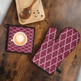 thumbnail image 5 of Burgundy Geometric Quatrefoil Pattern Kitchen Oven Mitt and Pot Holder Sets 2 Pcs for Baking, Cooking and Grilling, Heat Resistant Up To 392 °F, 5 of 7