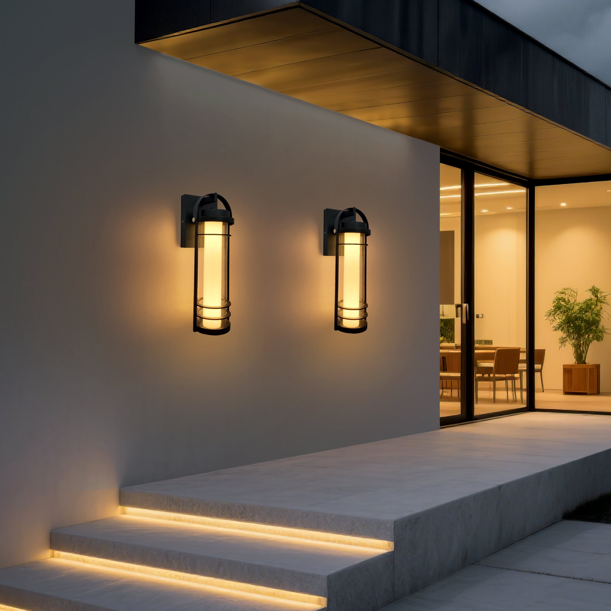 GCGAFUL 2-Pack LED Outdoor Wall Sconce, 15 in.Black Modern Exterior Light Fixture, Integrated Waterproof Hardwired Cylinder Lantern for Patio Garage Front Door Entryway