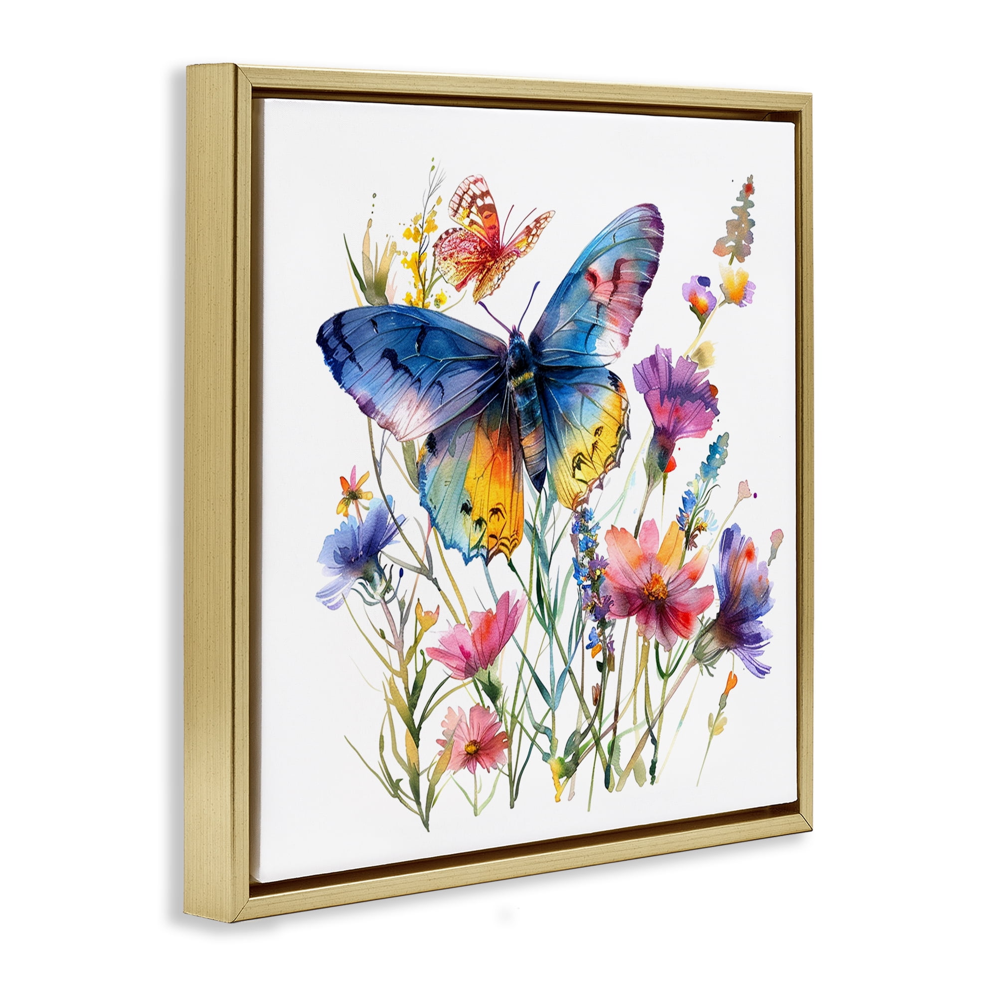Stupell Industries Blue Toned Butterfly Garden Insects Painting Gold Floater Framed Canvas Art Print Wall Art, 25 x 25