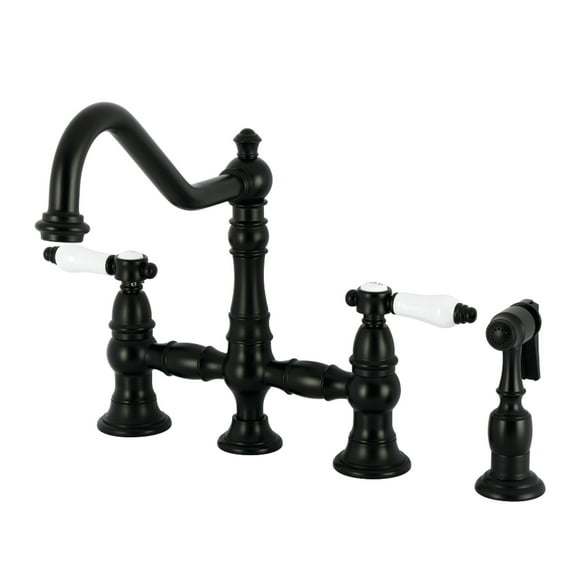 Kingston Brass KS3270BPLBS Bel-Air Two-Handle 4-Hole Deck Mount Bridge Kitchen Faucet with Brass Side Sprayer in Matte Black