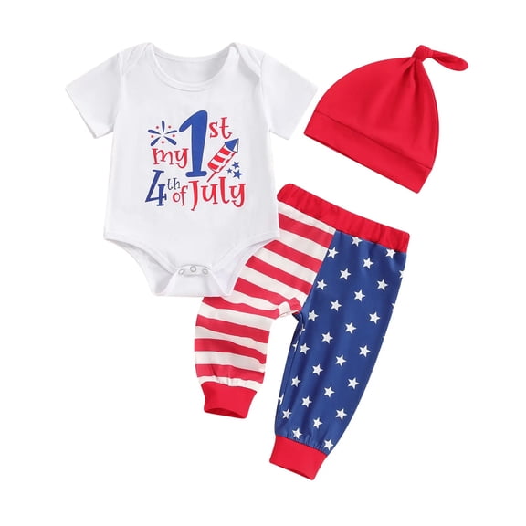 My 1st 4th of July Baby Boy Outfit Letter Embroidery Romper   Striped Pants   Beanie Hat 3Pcs Infant Baby Boy Clothes,White
