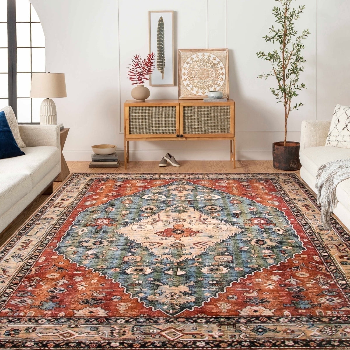 Lahome 8'x10' Area Rugs for Living Room,Machine Washable Rugs,Low Pile Non Slip Vintage Floral Print Rug Carpet for Entryway,Hallway,Kitchen,Home Decor,Geometric Tribal