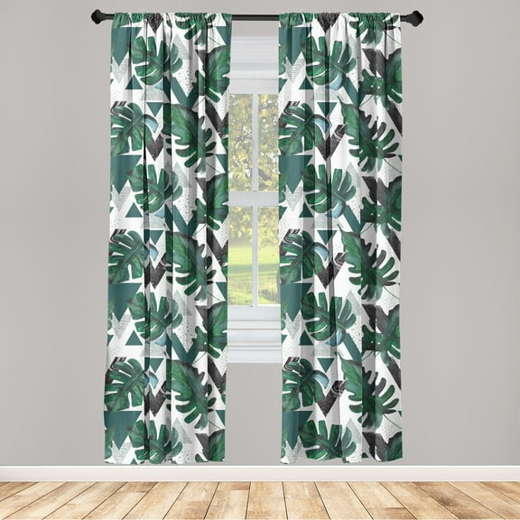 Tropical Window Curtains, Triangles with Monstera Leaves Geometric Exotic Art on Plain Back, Lightweight Decor 2-Panel Set with Rod Pocket, Pair of - 28"x63", Laurel Green and Dark Grey, by Ambesonne
