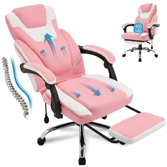 JONPONY Big and Tall Office Chair 400lbs, Executive Reclining Office Chairs with Footrest, High Back Home Office Chair Thick Padded Armrests, Ergonomic Adjustable Lumbar Support, PinkWhite