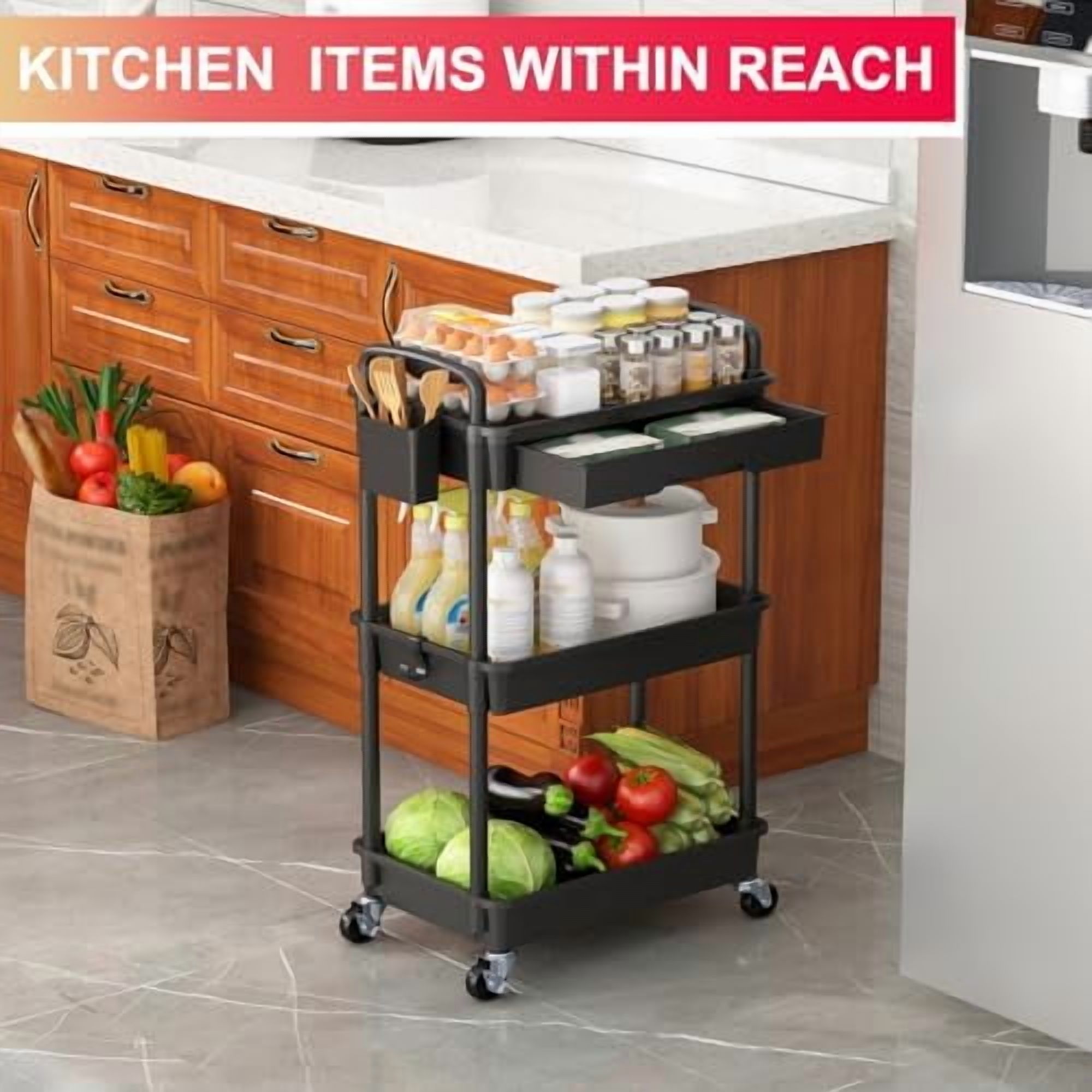 3 Tier Rolling Utility Cart Organizer with Removable Drawer, Stable and Sturdy Black Rolling Storage Carts with 2 Lockable Wheels for Bathroom, Kitchen, Snack, Craft, Makeup, Baby Essentials