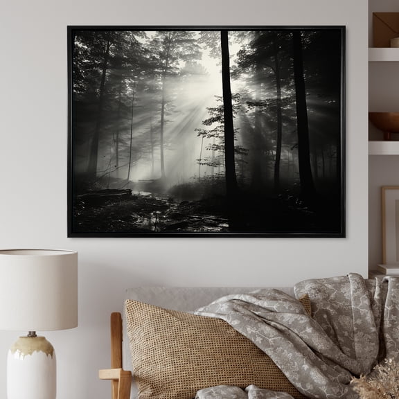 Designart "Silence Photography: Black And White Forest I" Forest Floater Framed Wall Art Living Room