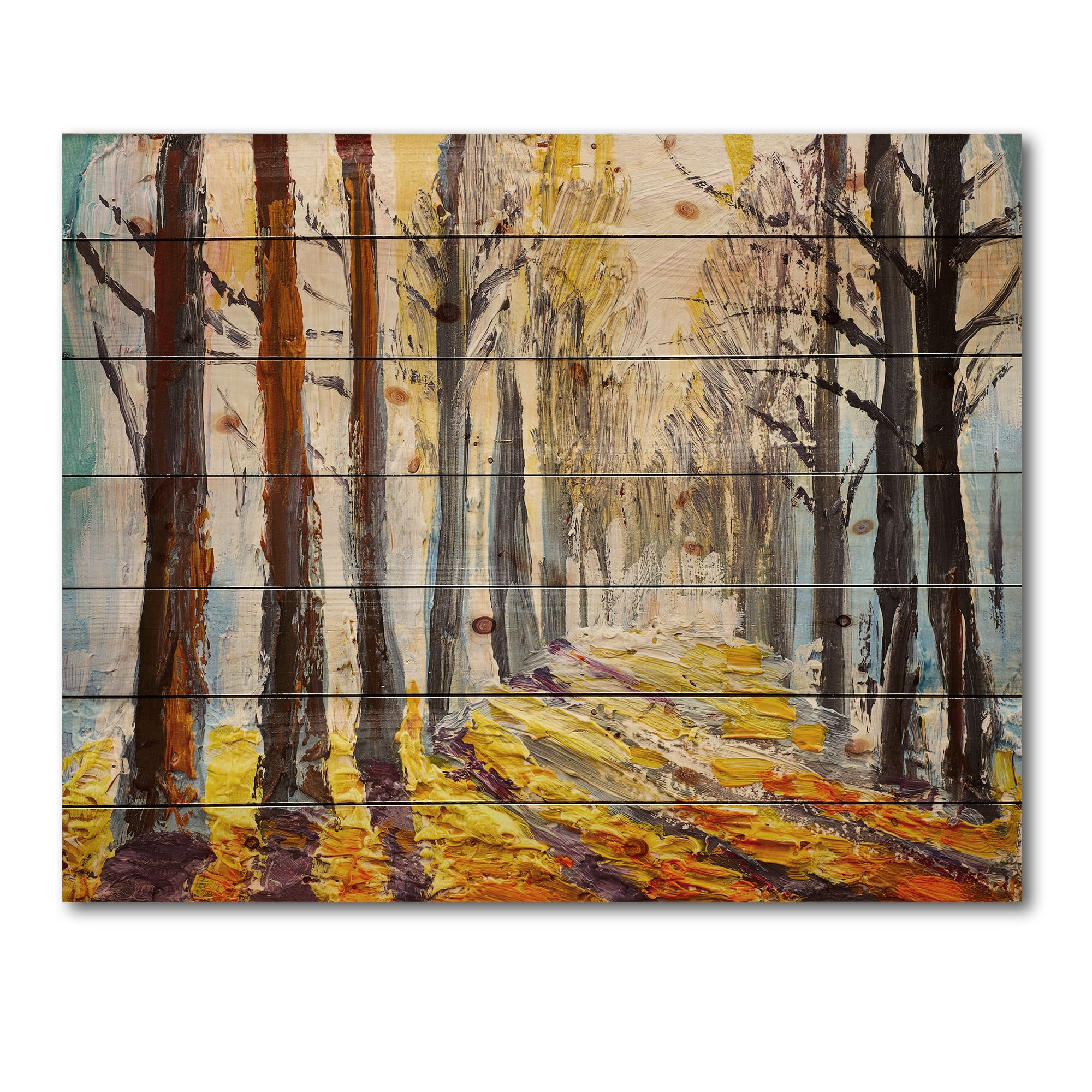 Designart 'Morning Glow Through The Autumn Trees' Lake House Print on Natural Pine Wood