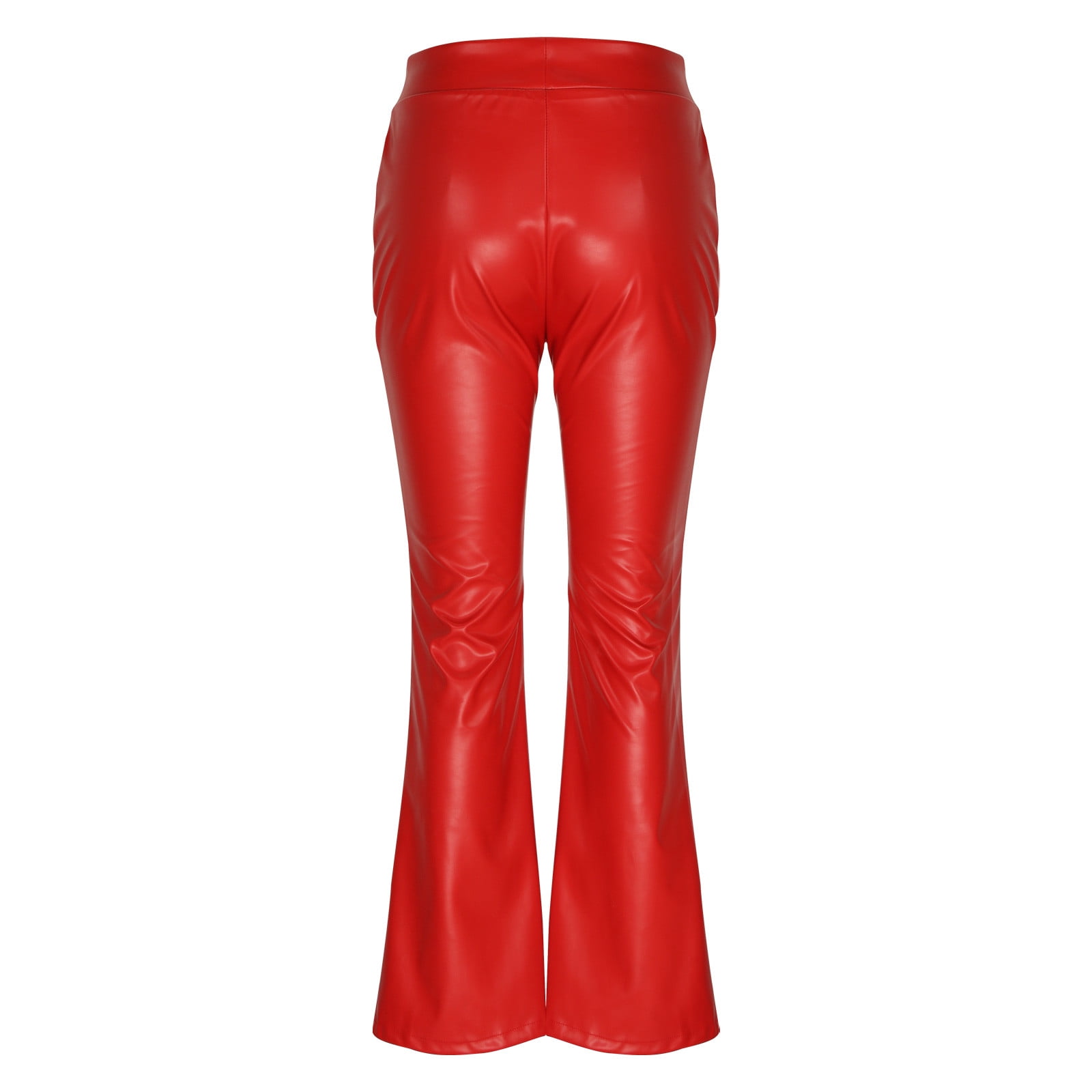 Miluxas Women Faux Leather Pants PU High Waist Straight Leg Pants with Pockets Leather Leggings Bell Bottom Flare Pants Red 6(M)