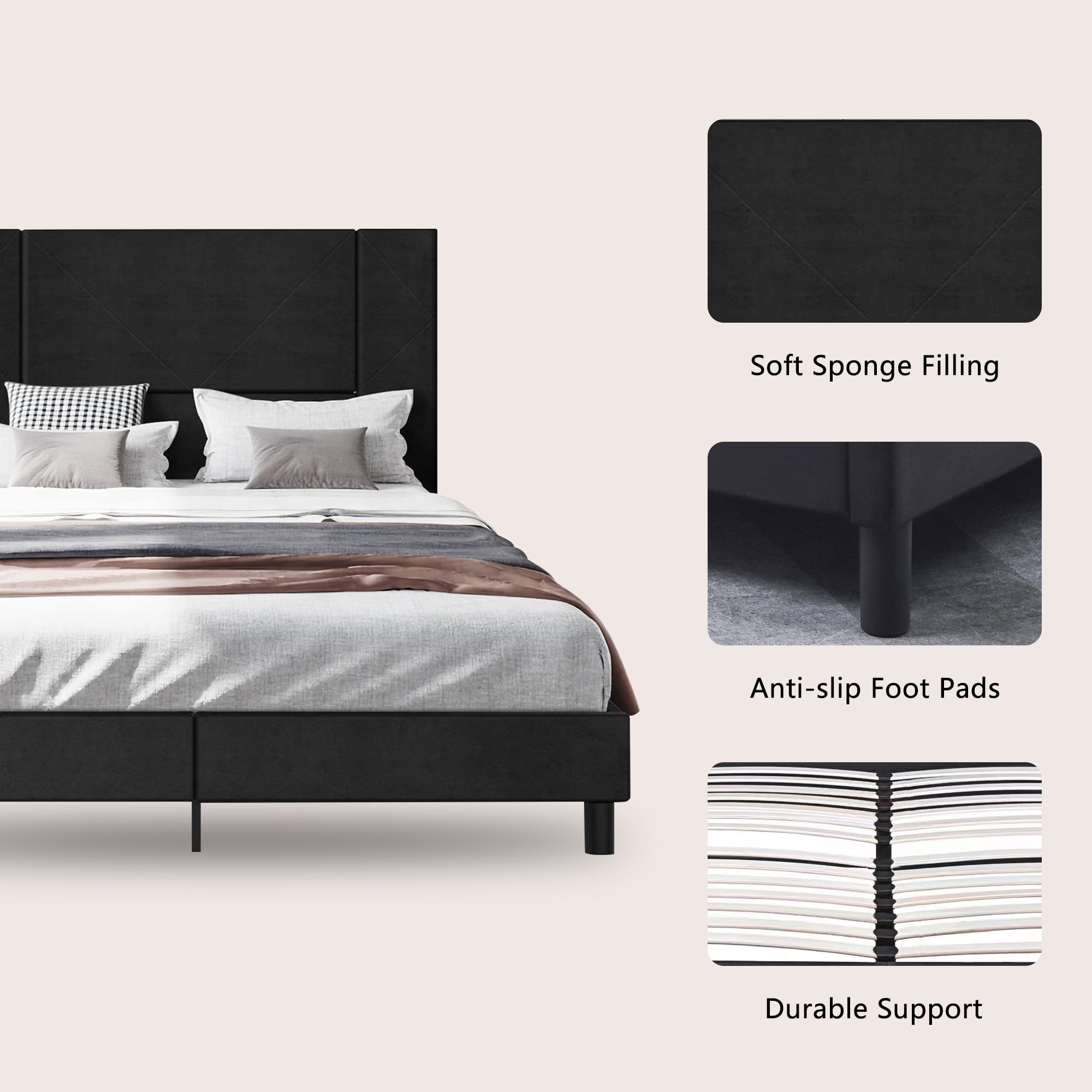 uhomepro Full Bed Frame for Adults Kids Modern Black Velvet Upholstered Platform Bed Frame with Headboard Full Size Bed Frame Bedroom Furniture with