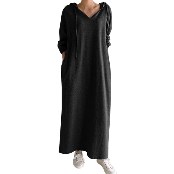 Women's Long Sleeve Hooded Dress - Drawstring, V Neck, Loose Fit - Spring Autumn Casual Wear