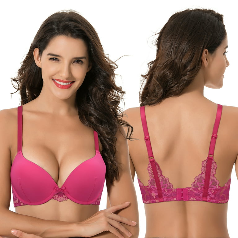 Curve Muse Women's Underwire Plus Size Push Up Add 1 and a Half Cup Lace  Bras-2PK-Lime Cream/Hot Pink,Mauve/Rose Gold-42DD 