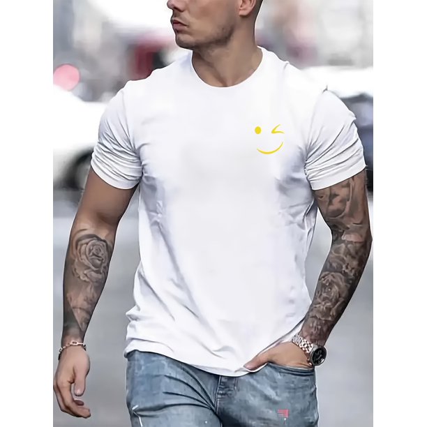 Minimalist Smile Wink Print Short Sleeved T-shirt, Casual Comfy Versatile Tee Top, Men's Everyday Spring/Summer Clothing