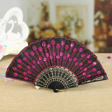 

TRIHIY Best Chinese Style Dance Wedding Party Lace Silk Folding Hand Held Flower Fan