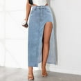 thumbnail image 4 of WTOBBY Women's High Slit Denim Skirt Side Split Design Stretch High Waist Bodycon Pencil Skirt Mid Length Light Wash Summer Casual,Light Blue S, 4 of 5