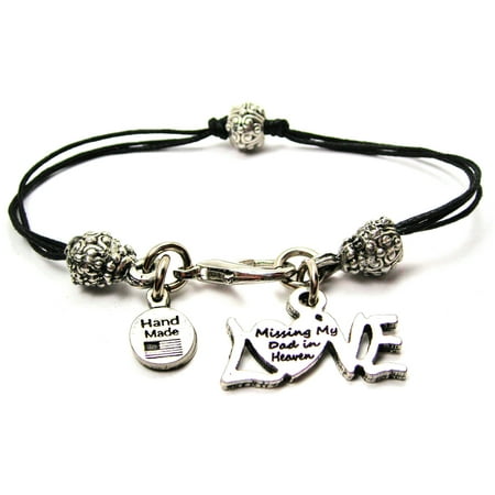 - Missing My Dad In Heaven Pewter Beaded Black Waxed Cord Bracelet