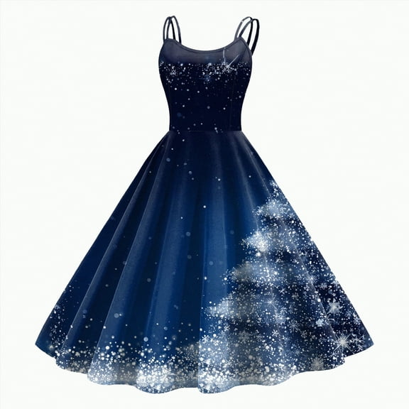 UngA Womens Christmas Dress Sleeveless Spaghetti Straps Xmas Dresses Printed A-Line Swing Evening Party Dress Women,Size XL