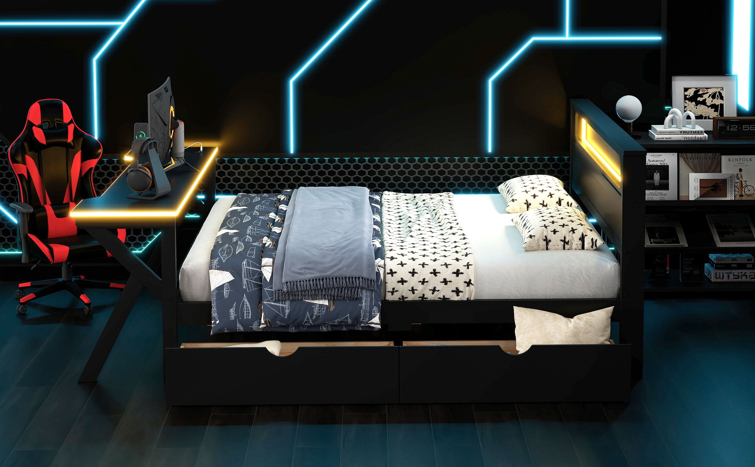 Mintazer Gaming Bed with Desk & Charging Station, Full Platform Bed with 2 Storage Drawers & LED Lighting Dorm Bedroom, Black