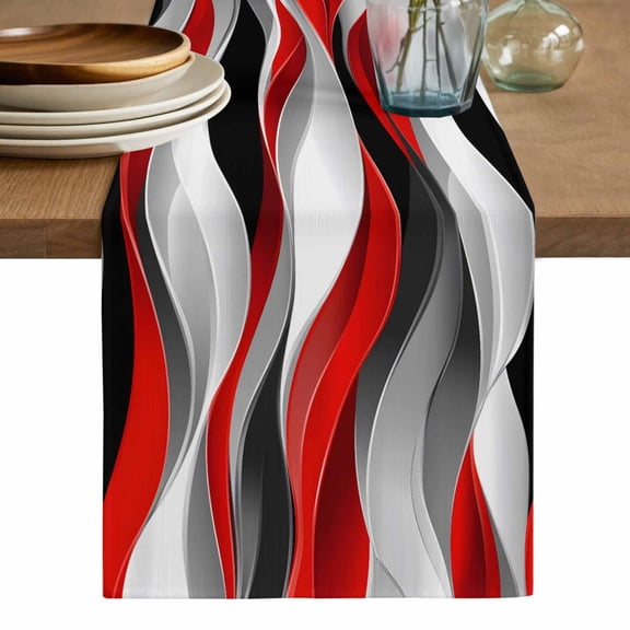 Red Black Grey Table Runner, Moire Modern Artwork Abstract Washable Cotton Linen Table Runners 72 Inches Long, Dresser Scarf Runner for Dining/Coffee/Kitchen/TV Stands/Cabinets 13''x72''