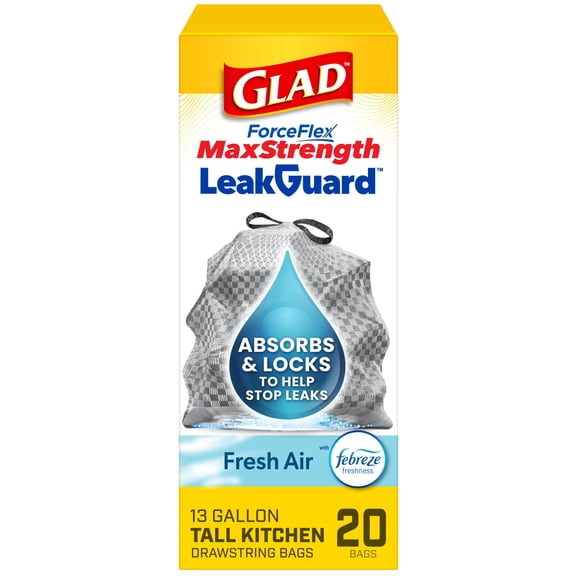 Glad ForceFlex MaxStrength LeakGuard Tall Kitchen Trash Bags, 13 Gallon, Fresh Air, 20 Count