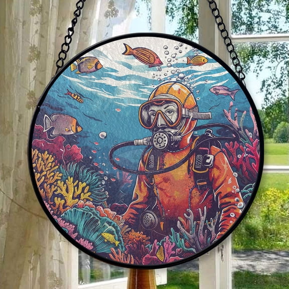 Stained Glass Scuba Diving Suncatcher Scuba Diver Light Catcher Window Hangings House Decoration Connection Ocean Coral Lover Gifts Decor, Stained Glass Ornament 2025, Holiday