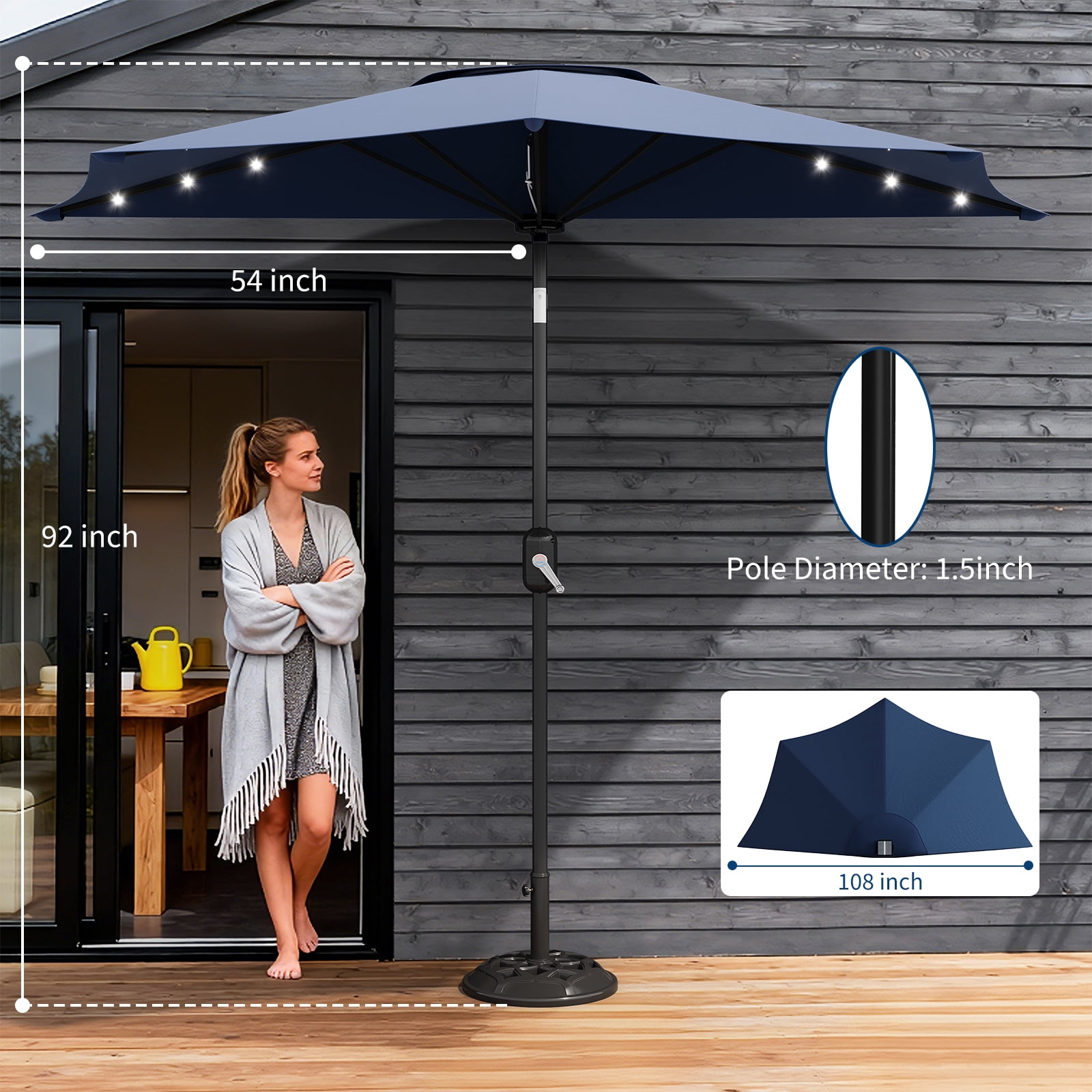 9FT Half Patio Umbrella with Lights – Durable Outdoor Shade Canopy, Smooth Crank Lift, UV Protection – For Patio, Garden, Deck, Balcony, Table