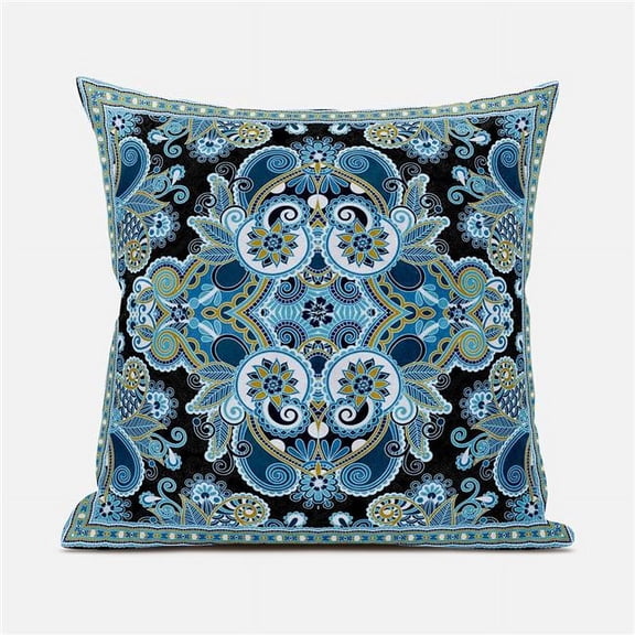 Amrita Sen Designs CAPL1015BrCDS-BL-28x28 28 x 28 in. Floral Paisley Broadcloth Indoor & Outdoor Blown & Closed Pillow - Black, Blue & Yellow