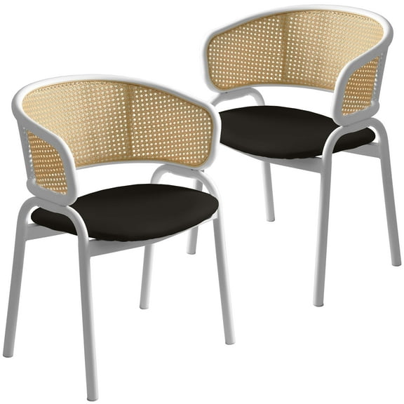 LeisureMod Dining Chair Upholstered in Leather with Curved Wicker Back Armchair and White Powder-Coated Stainless Steel Frame and Legs for Modern Home, Kitchen Ervilla Collection Set of 2 in Black