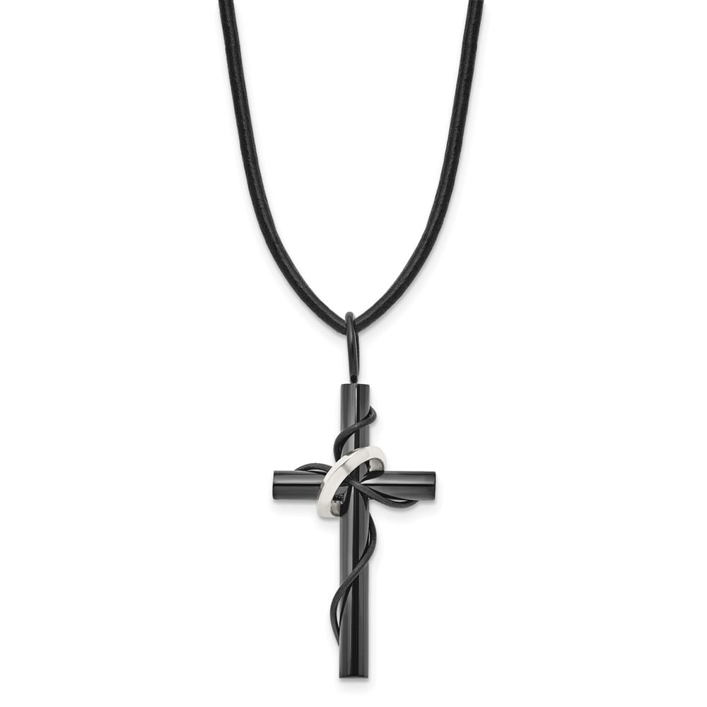 Diamond2Deal Stainless Steel Polished Black IP-plated Cross with Ring Leather Cord Necklace for Men 20.5"
